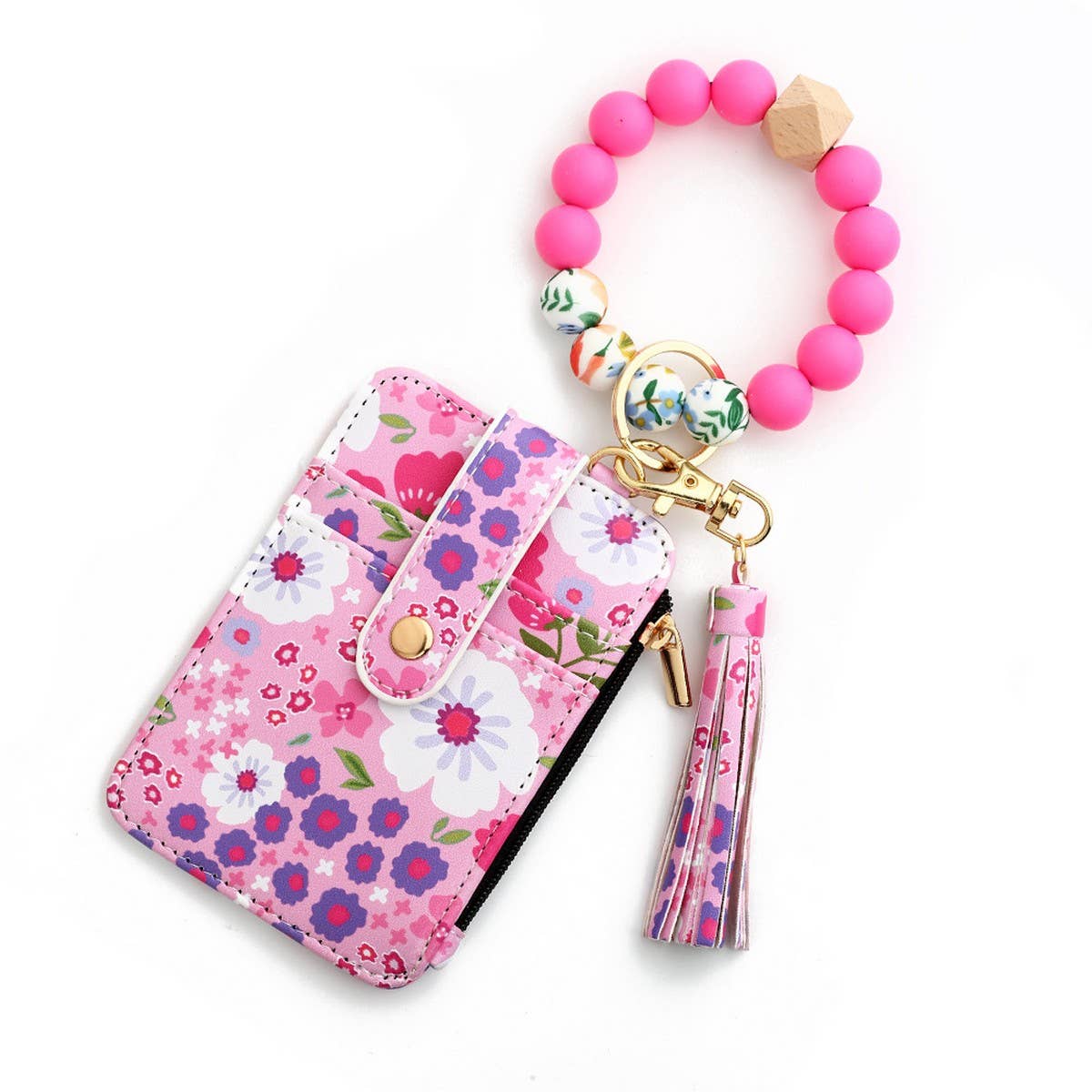 Floral PU Wallet with Bead Bracelet & Card Holder_CWAB4955