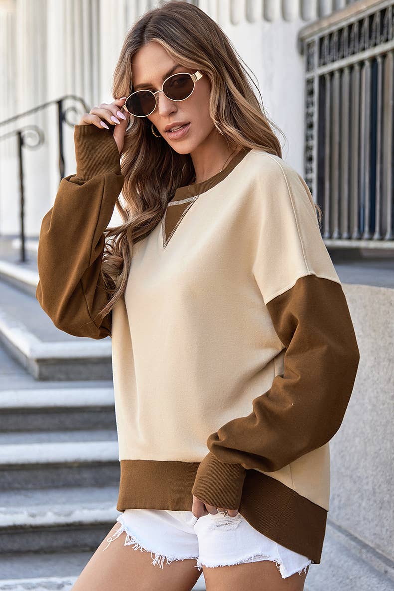 Two-tone round-neck loose pullover hoodie