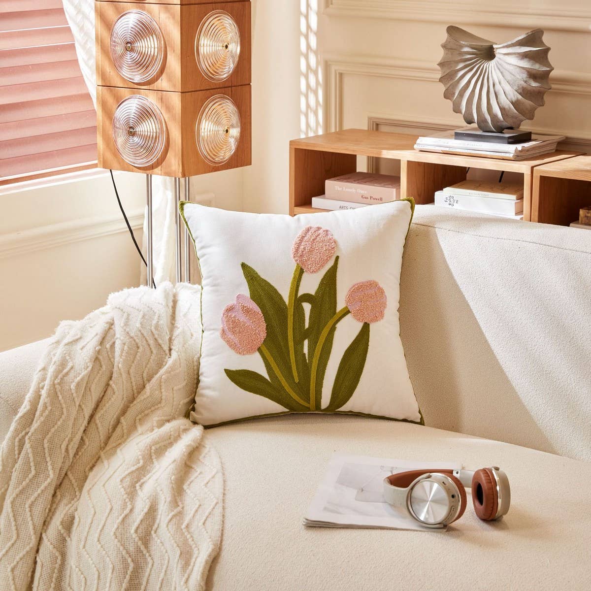 Pink Tulip Embroidered Sofa Pillow Cover_CWMM7706