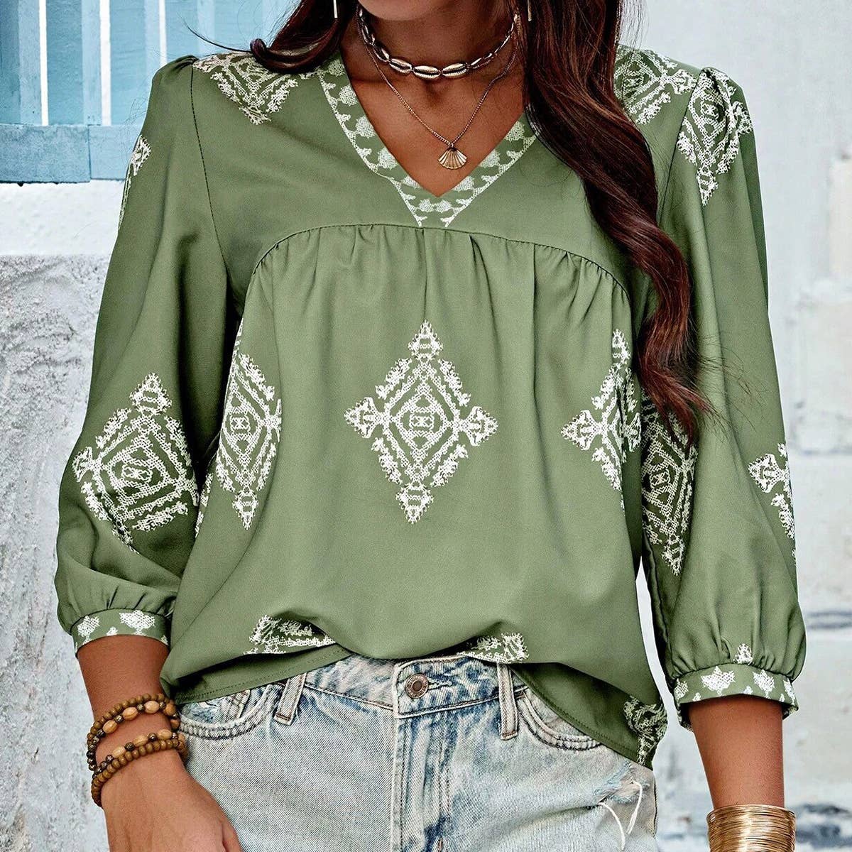 Stylish printed bag seven-point sleeve V-neck top