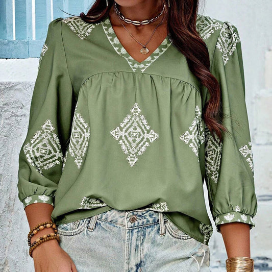Stylish printed bag seven-point sleeve V-neck top