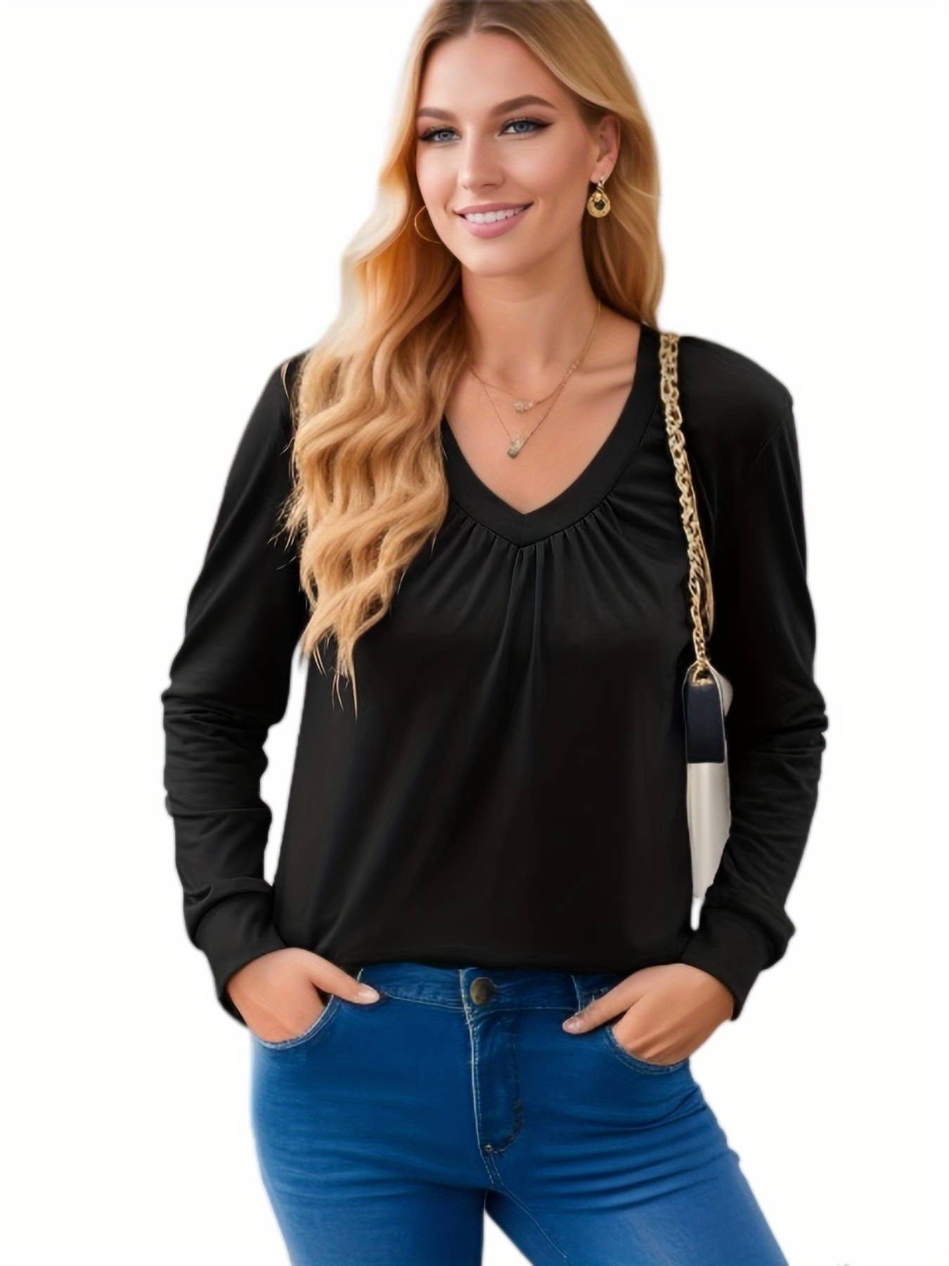 SOLID COLOR PLEATED V-NECK LOOSE T-SHIRT