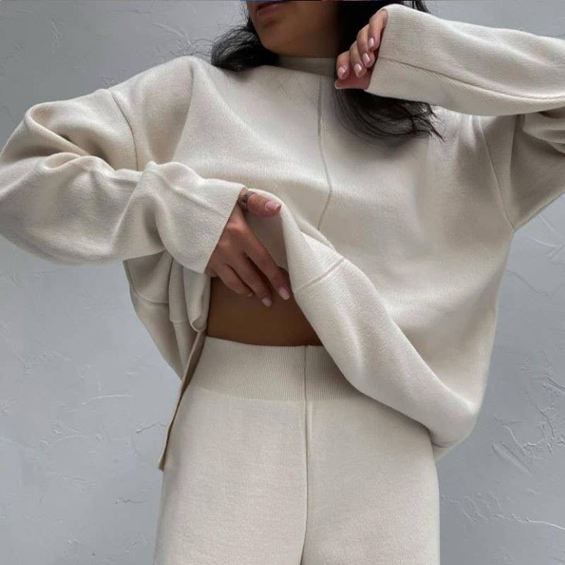 LONG SLEEVE LOOSE SWEATER KNIT TOP PANT SUIT