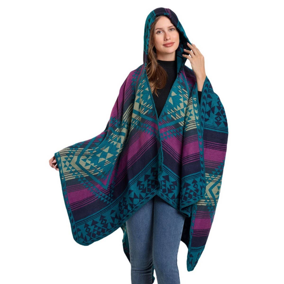 VINTAGE JACQUARD WARM SCARF SLIT HOODED CAPE