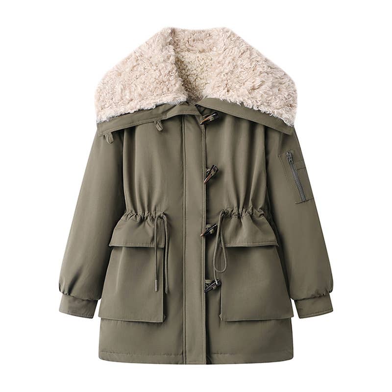 Large lapel horn buckle waist cottons jacket