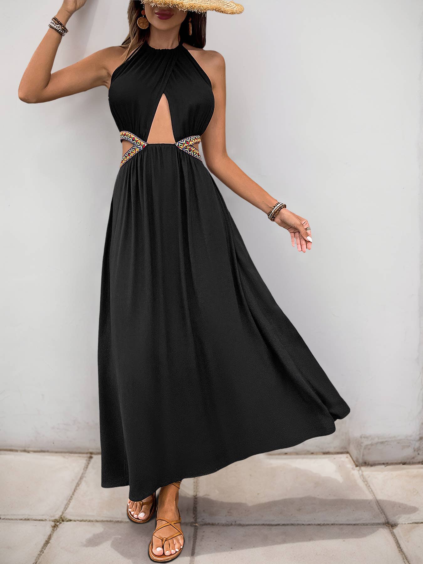 Hollow out halter sleeveless elegant resort dress