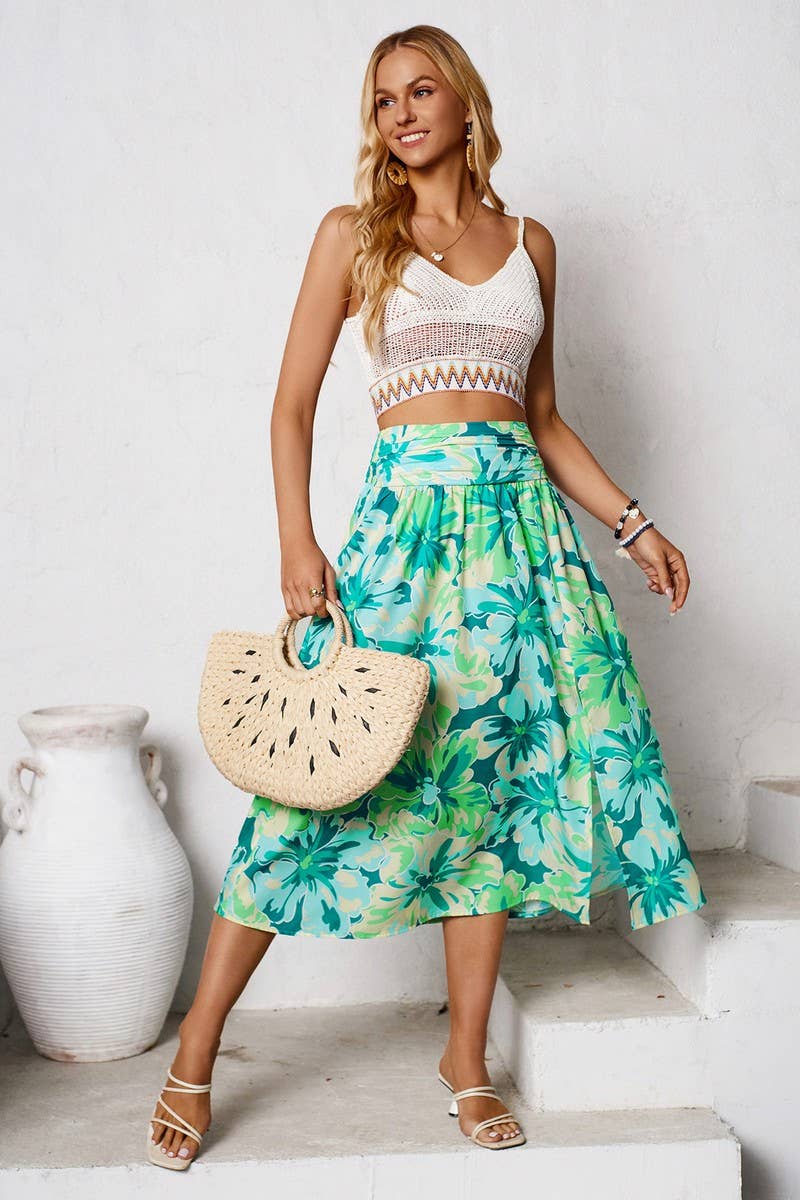 CWBMS0432_FLORAL RUCHED CASUAL SUMMER MIDI SKIRT