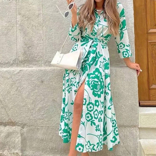 PRINT LACE-UP LAPEL LONG SLEEVE SLIT DRESS