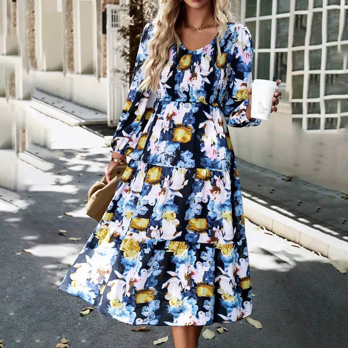 WOMENS V NECK LONG SLEEVE PRINTED DRESS_CWDMD0706