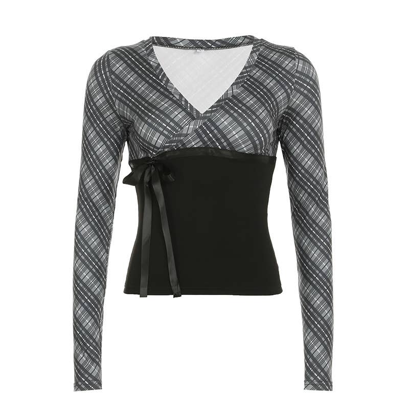 V-neck bow lace-up plaid color patchwork T-shirt