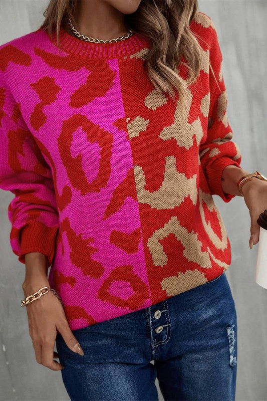 Cwoswl3151_Crew Neck Leopard Print Knitted Sweater