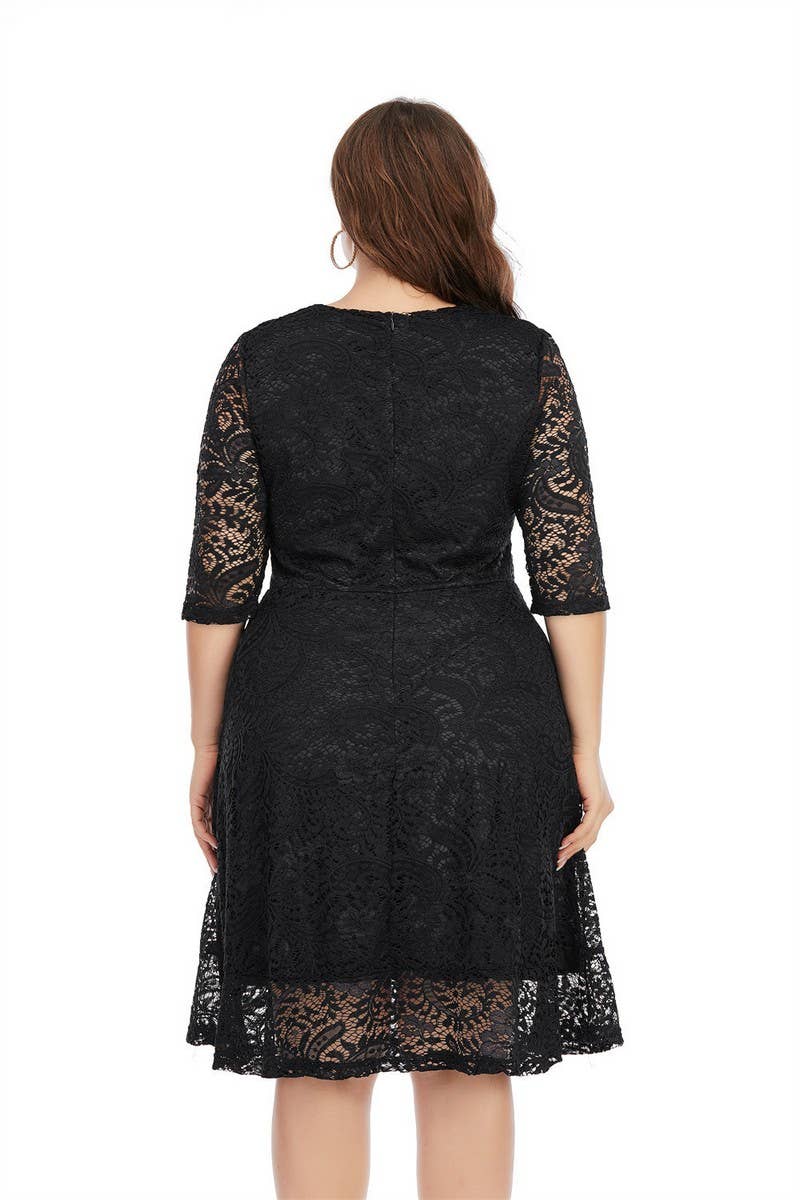CWDSD5552_PLUS SIZE ROUND NECK LACE MIDI DRESS