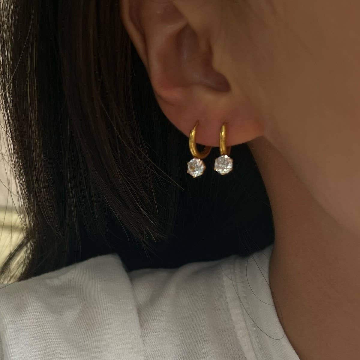 Gold Plated Titanium Single Zircon Drop Earrings