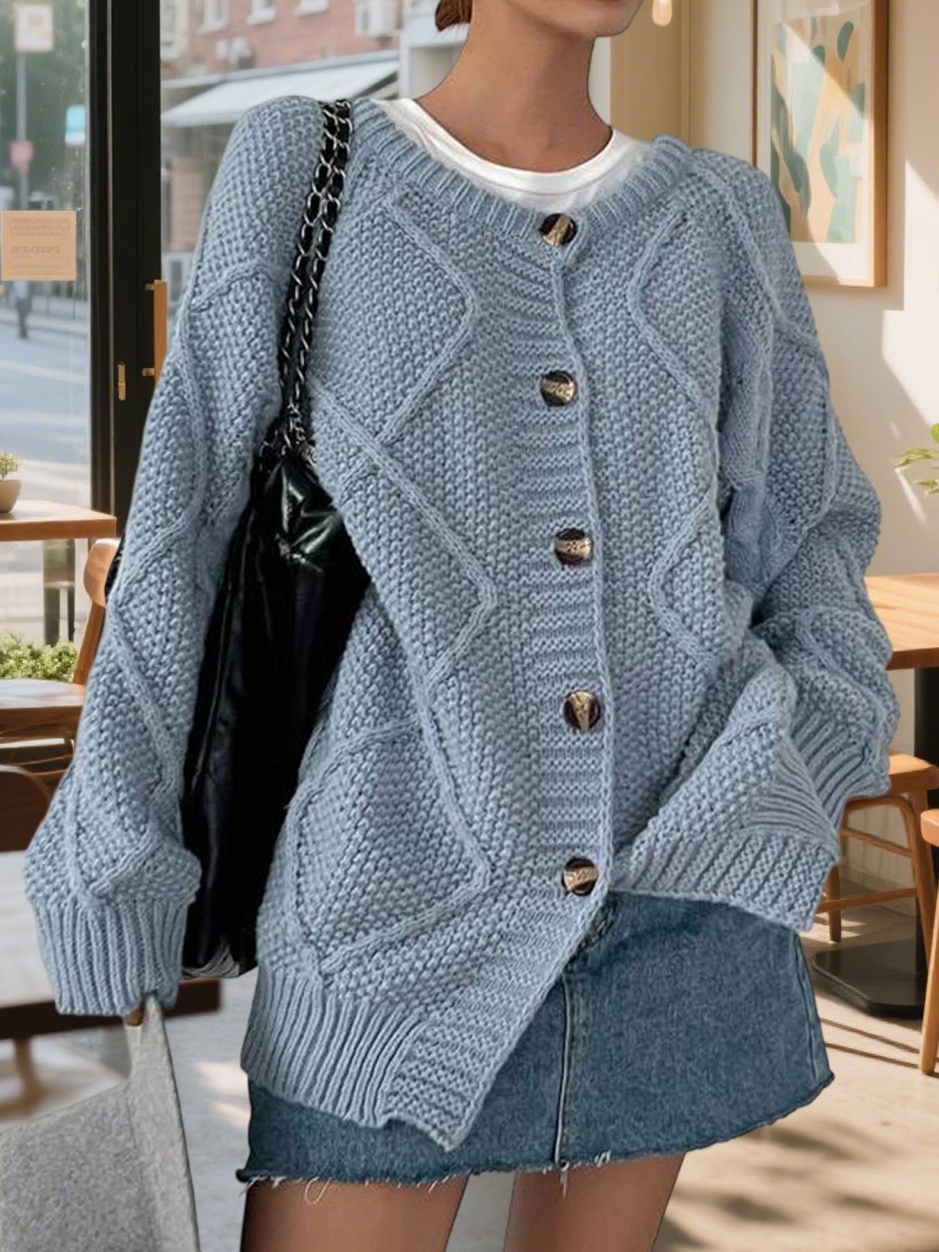 Solid-color diamond-check loose knitted cardigan