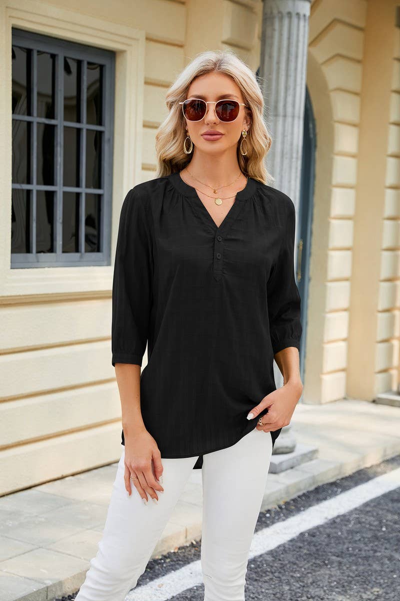 V NECK BUTTON UP T SHIRT_CWTSTS0283