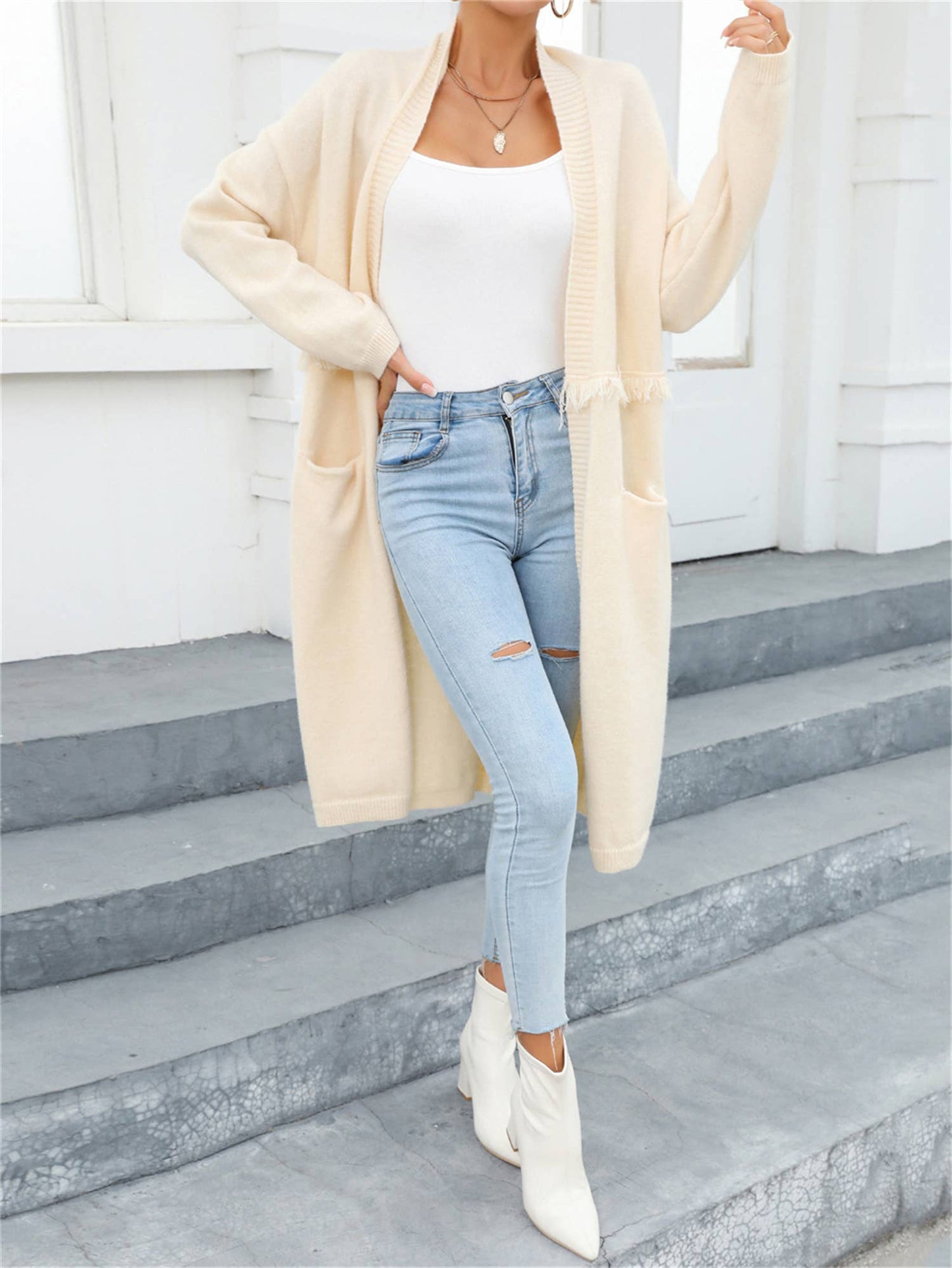 LONG CARDIGAN POCKET STYLE FRINGE COAT SWEATER