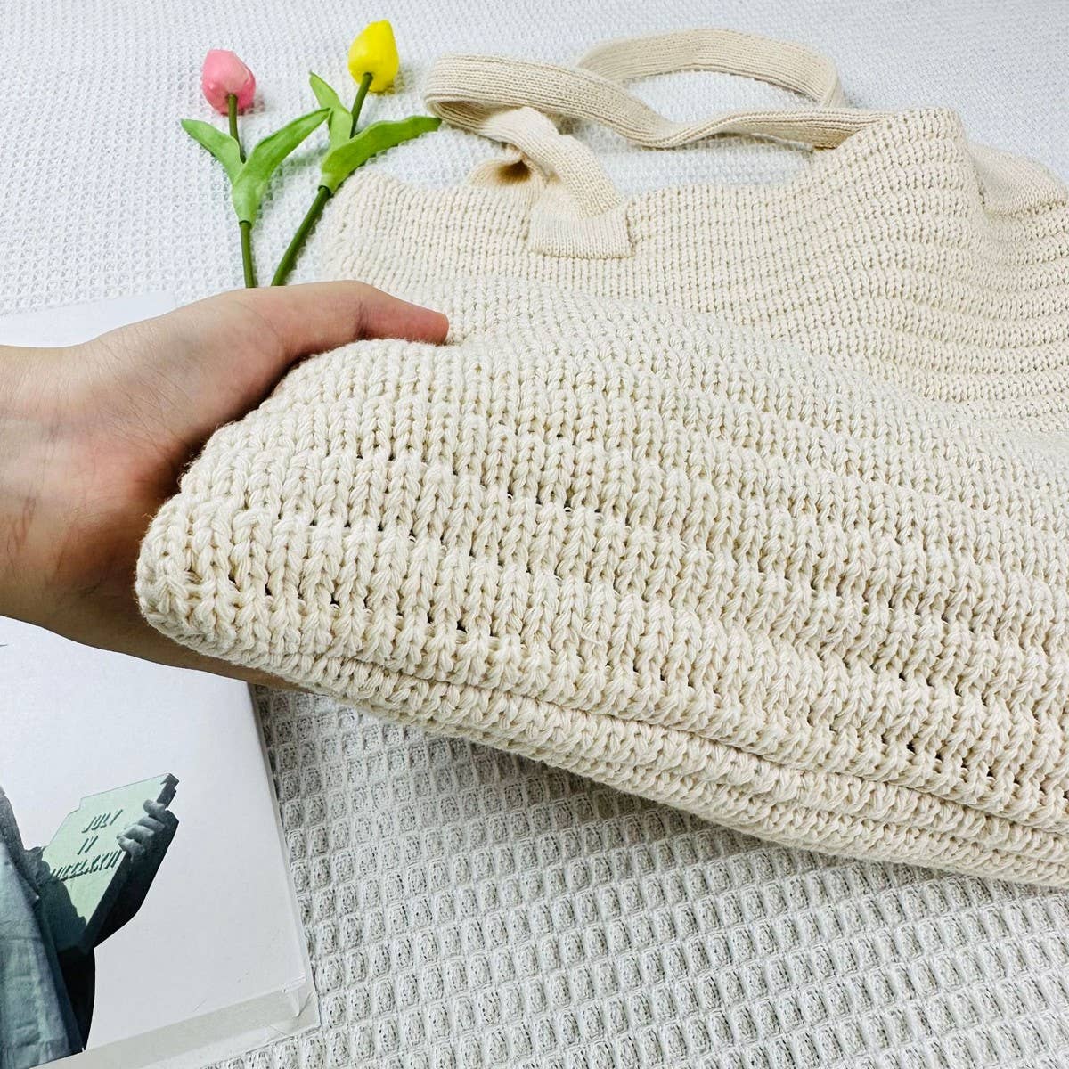 CWAB4574_SOLID COLOR LARGE CAPACITY KNITTED SHOULDER BAG