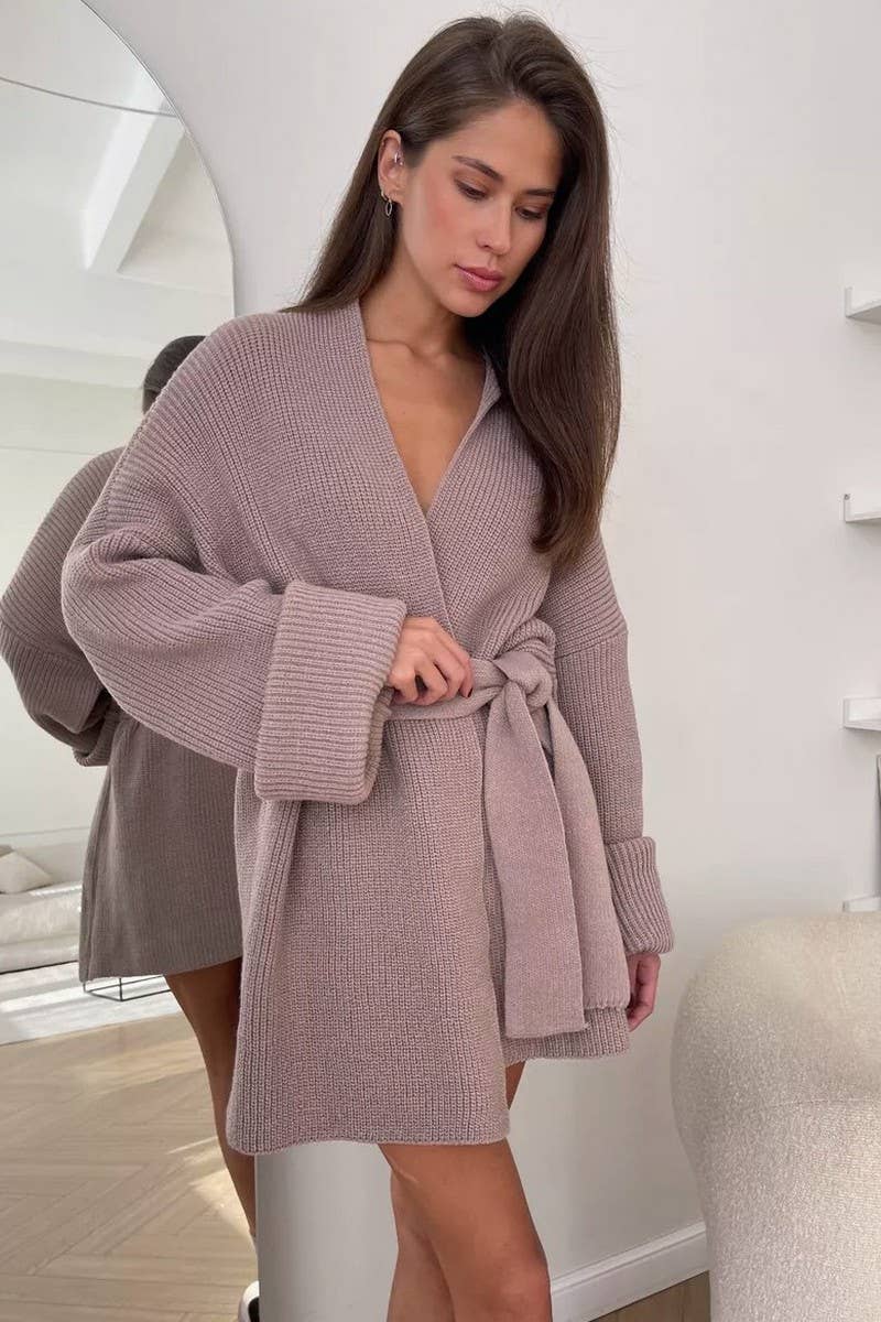 CWOCAL2240_SOLID COLOR LACE-UP LOOSE ROBE KNITTED CARDIGAN