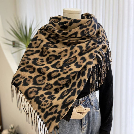 Leopard Print Scarf - Thick Tassel Winter Wrap
