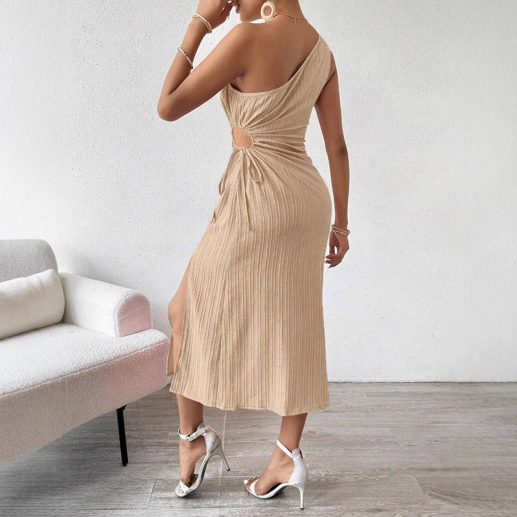 Elegant slit dress solid color with sloping neck