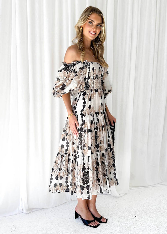 PRINT FRENCH CAKE DRESS WITH PUFF SLEEVES