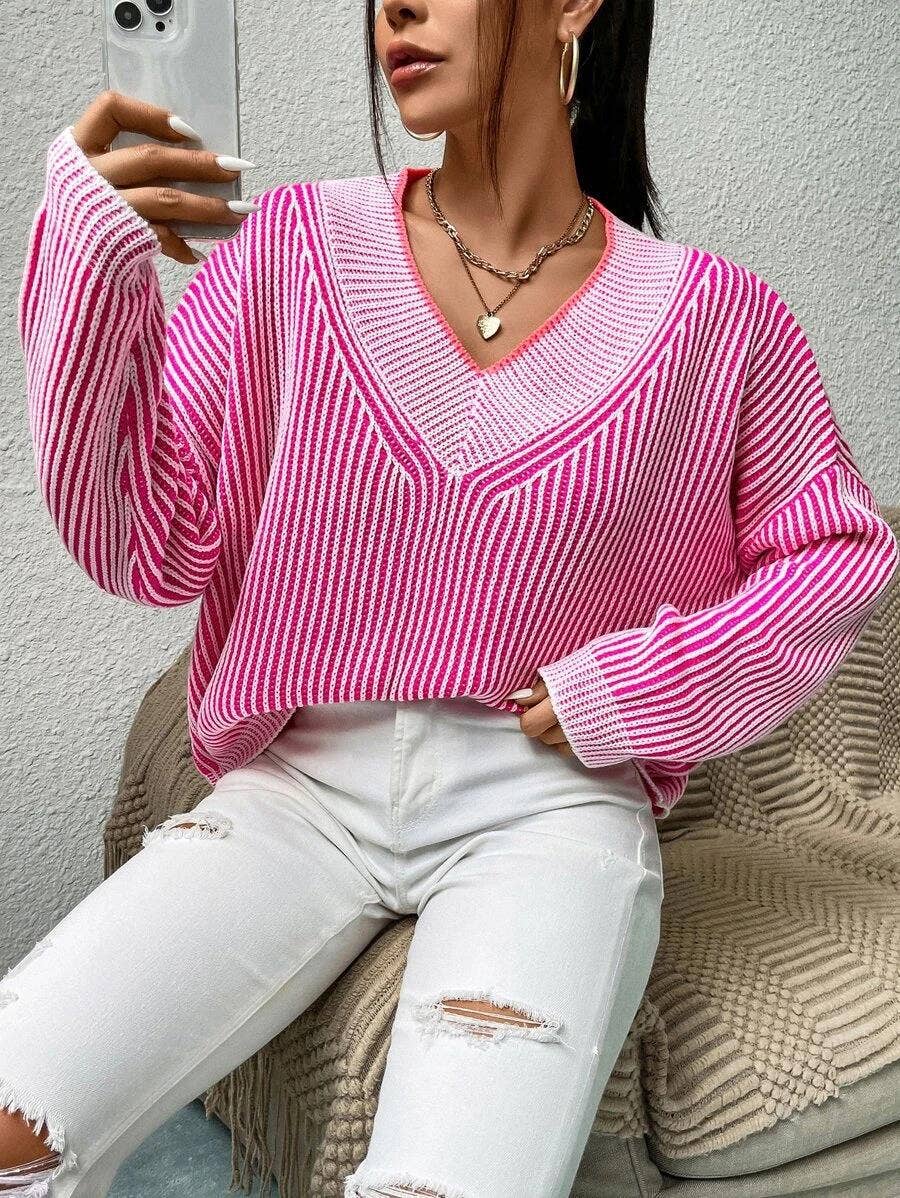 V-neck loose striped batsleeved sweater