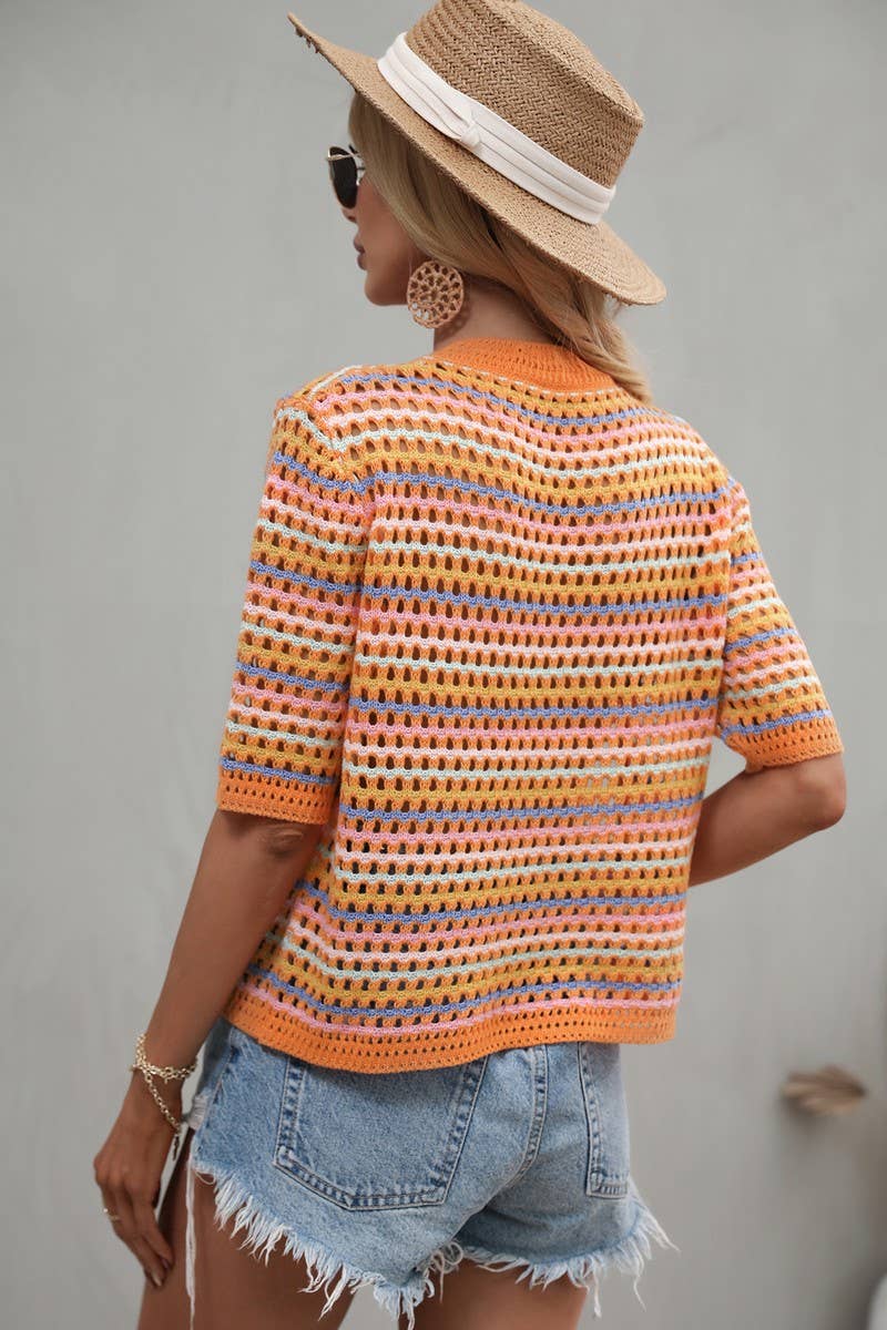 Cwtts0736_Crochet Short Sleeve Pullover Sweater