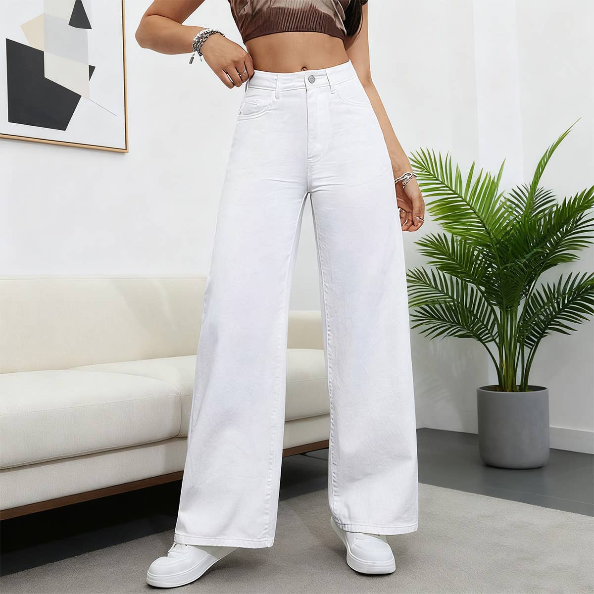 High-waisted floor-length straight-leg pants