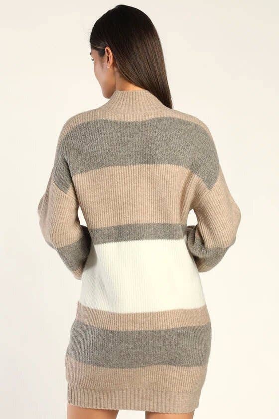 STRIPED CONTRAST COLOR CREW-NECK SWEATER DRESS