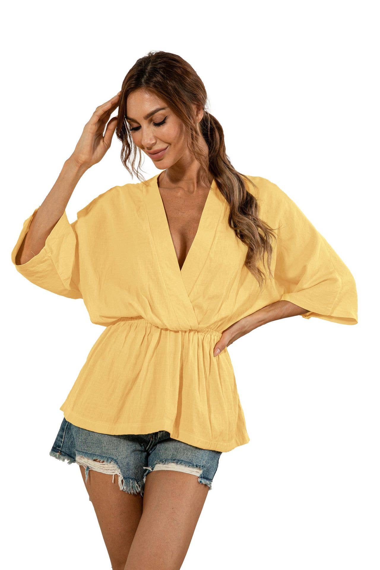 Solid color deep V-neck loose waist blouse