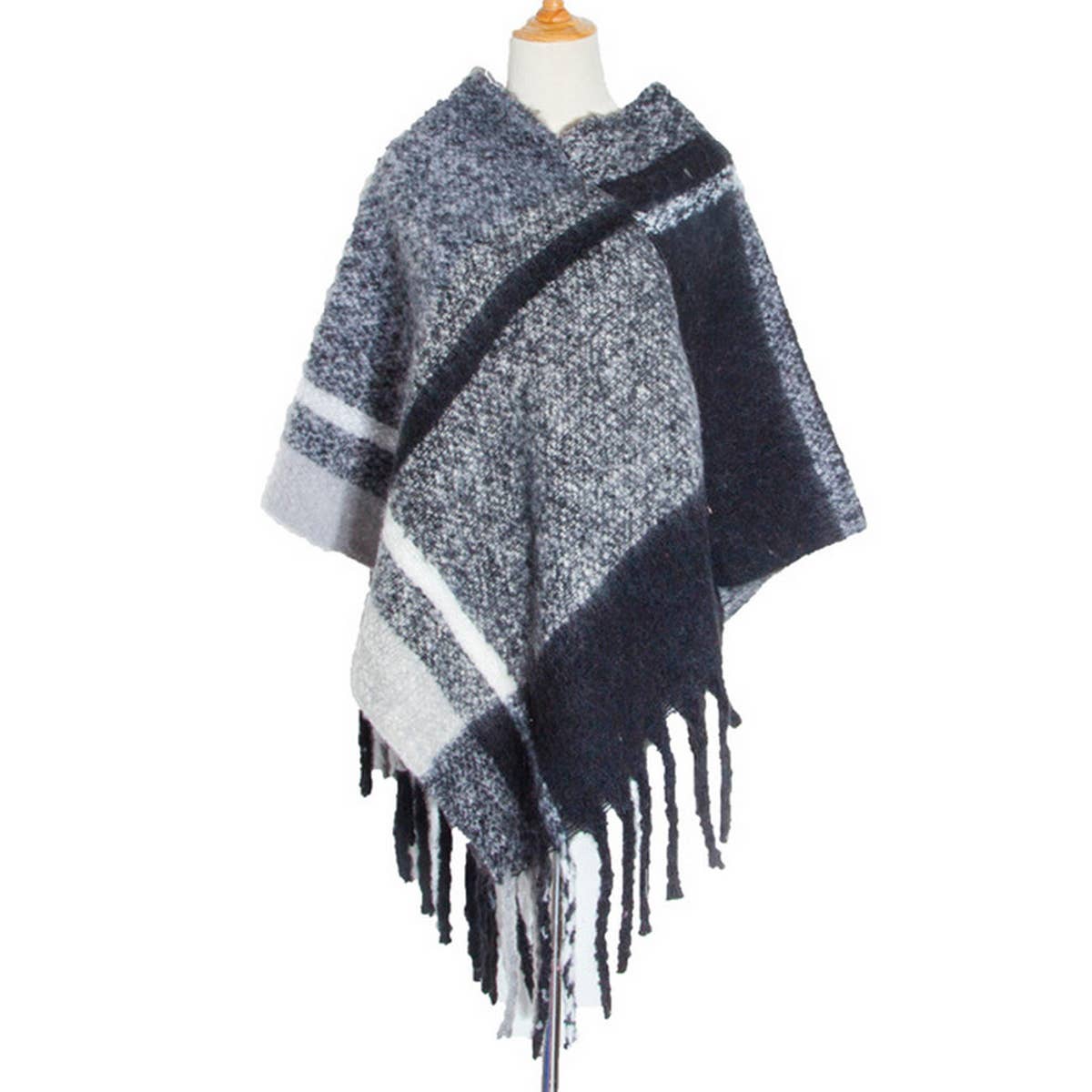 THICK TASSEL COLOR MATCHING PULLOVER CAPE SHAWL