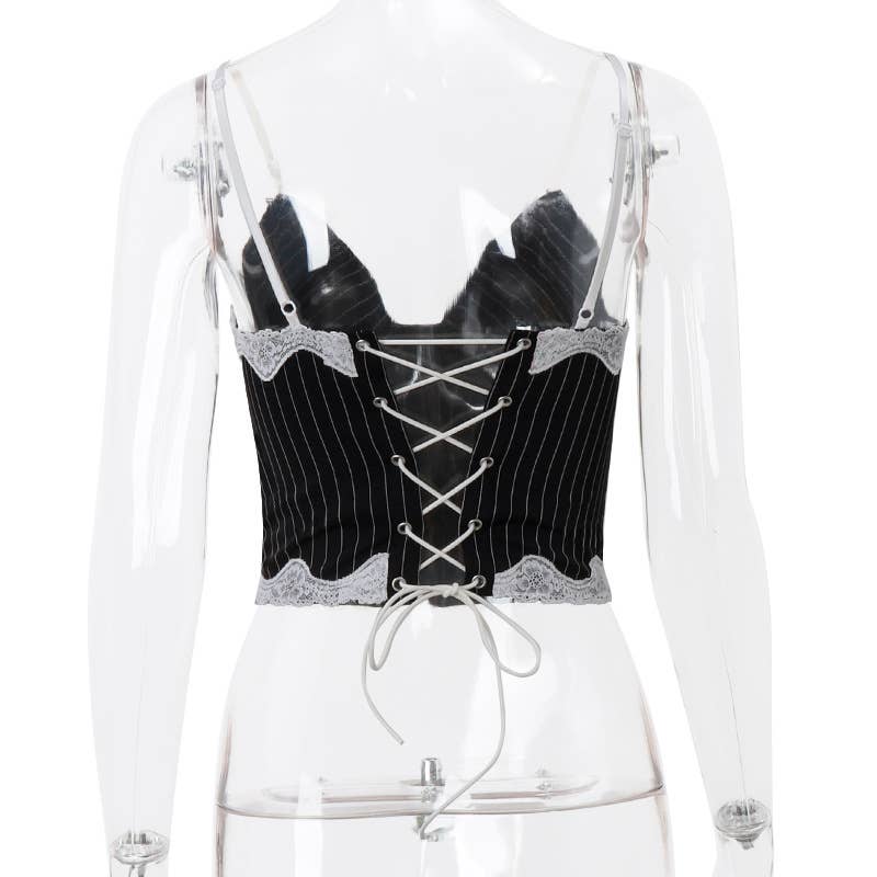 Lace striped color-blocking low-cut halter top