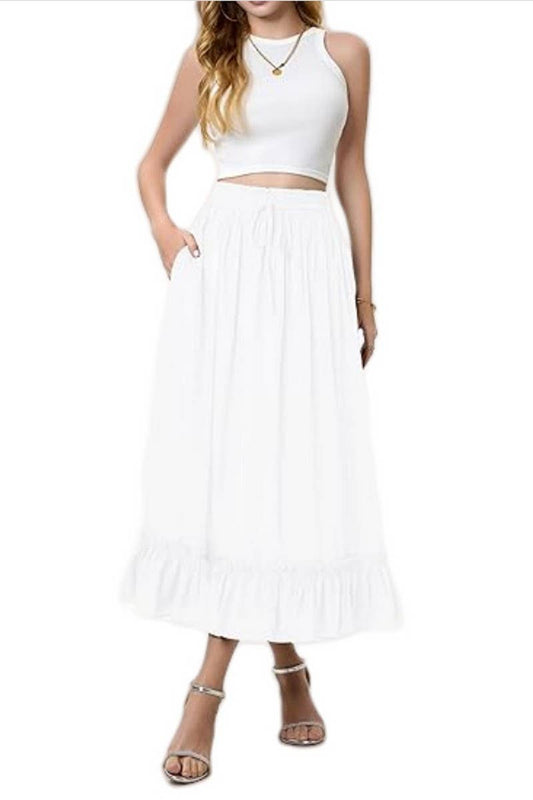 CWBMS0456_DRAWSTRING ELASTIC WAIST LONG SKIRT WITH RUFFLES