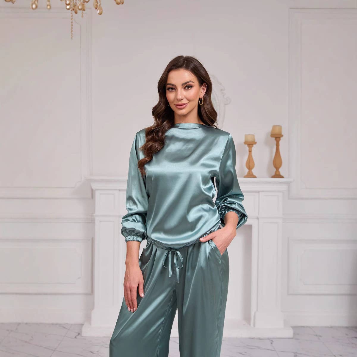 Round-neck satin loose top trousers casual set
