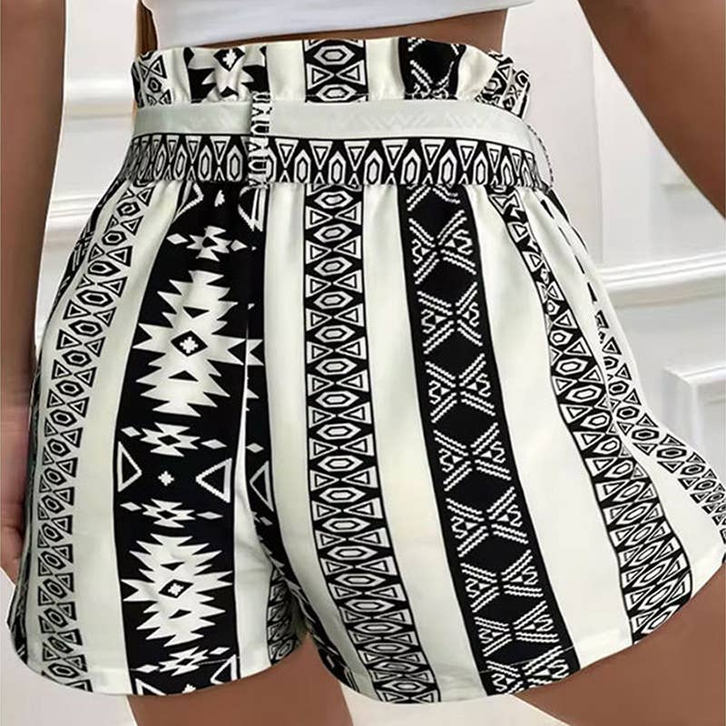 Printed High Waist Belted Slim Fit Casual Shorts