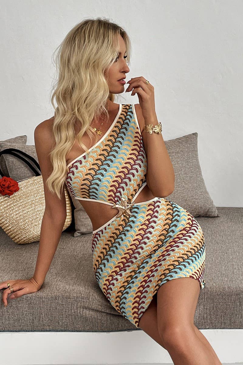 CWDSD8738_STRIPED ONE-SHOULDER CUTOUT BODYCON DRESS