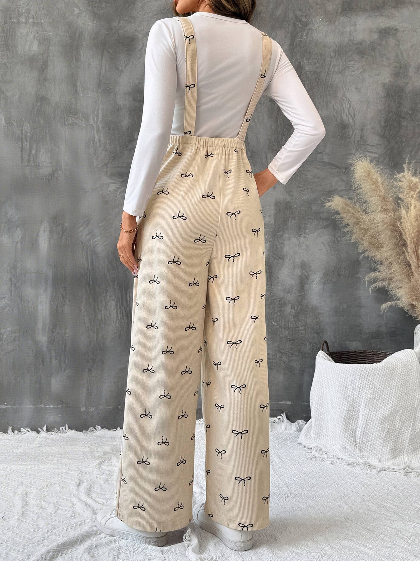 Bow-printed wide-leg one-piece overalls