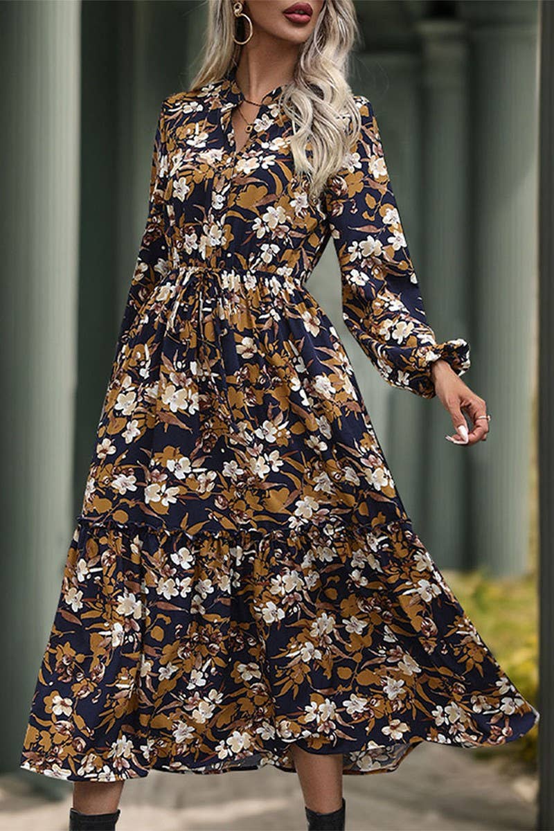CWDMD3569_VINTAGE PRINT LONG SLEEVE V NECK DRESS