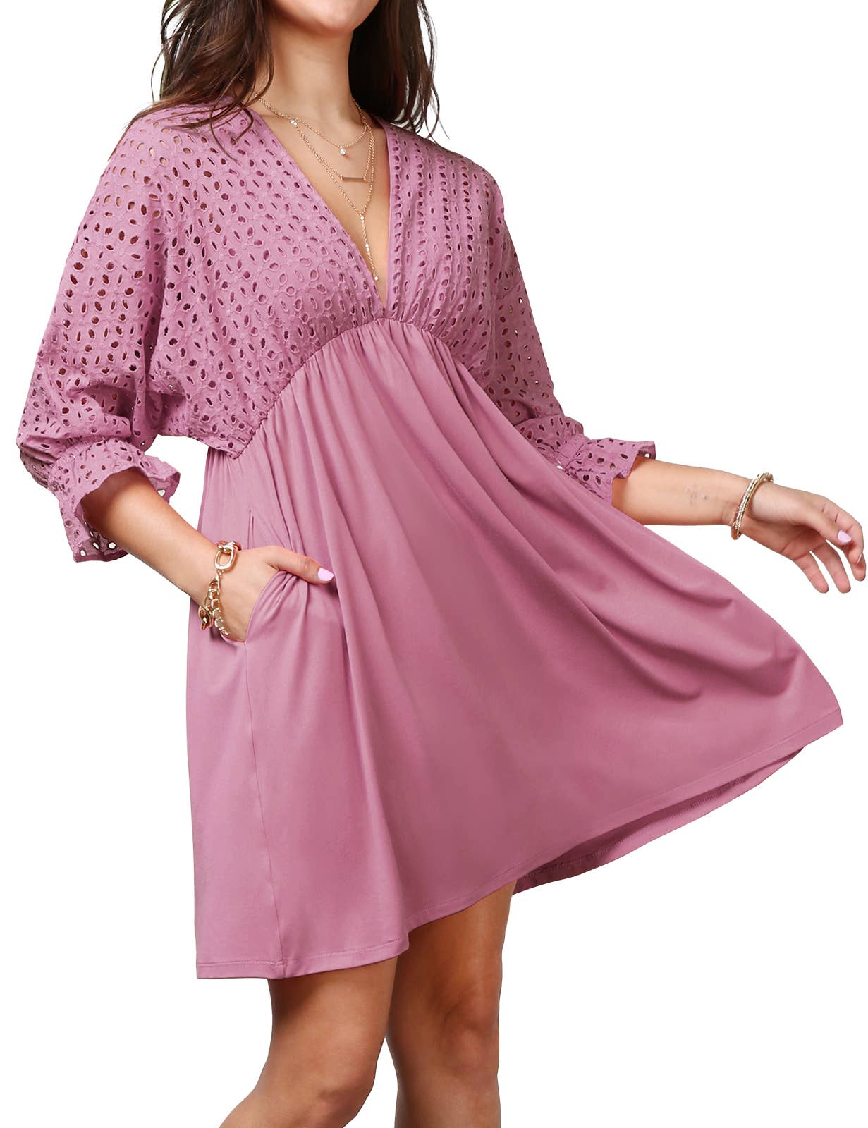 CWDSD10370_COTTON EYELET CONT BODICE WITH 3/4 SLEEVE DRESS