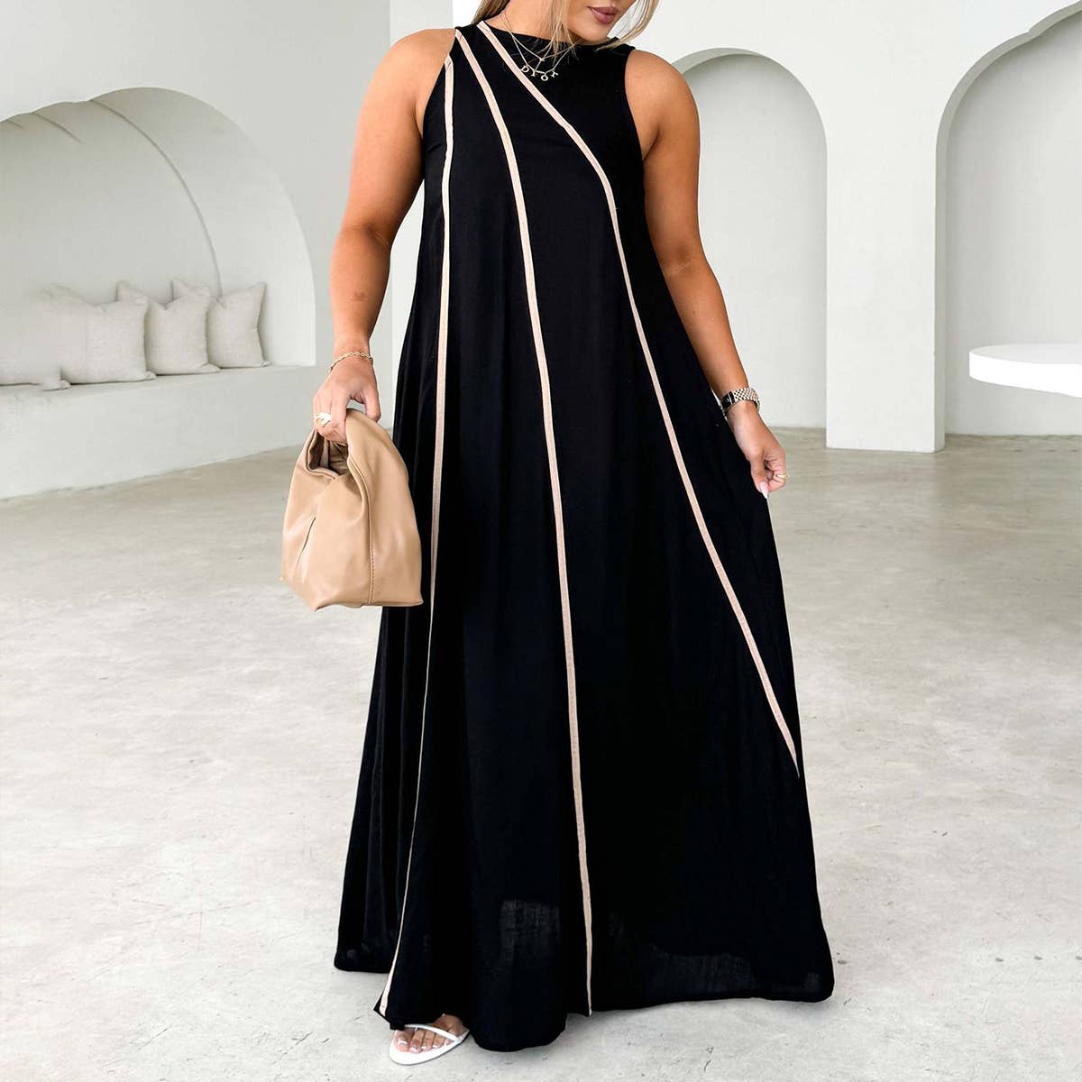 Solid color patchwork stripes simple loose dress