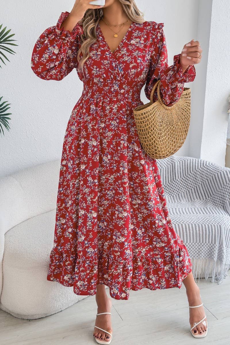 CWDMD6026_FLORAL WRAP V-NECK RUFFLE TRIM WAIST MAXI DRESS