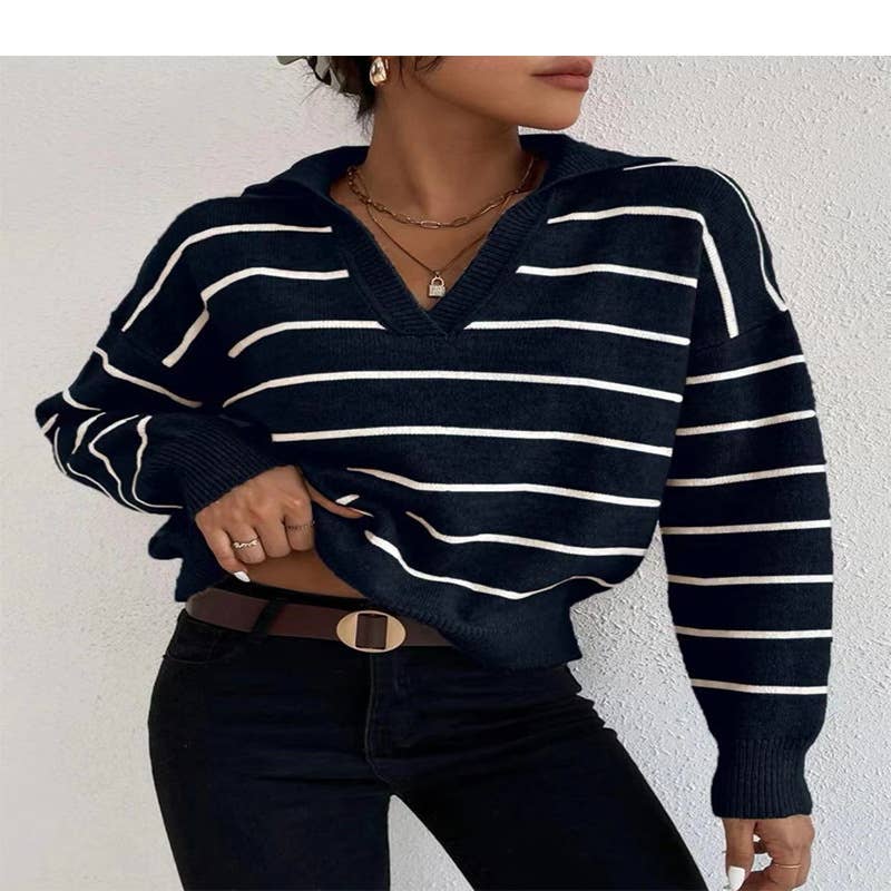 LONG SLEEVE POLO COLLAR STRIPED KNITWEAR