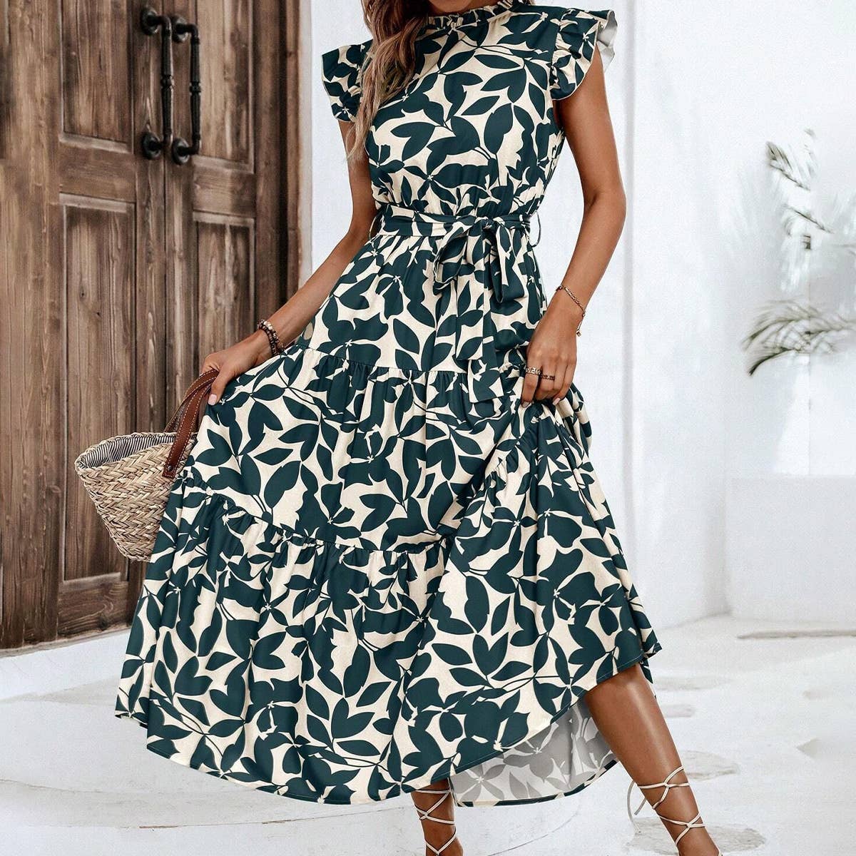 Fashion wooden ears fly-sleeve lace-up long dress