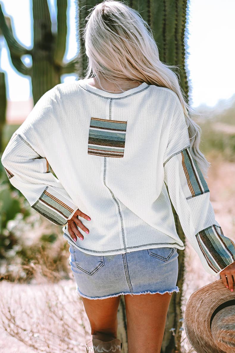 V-NECK, LONG-SLEEVED CASUAL WAFFLE SWEATSHIRT