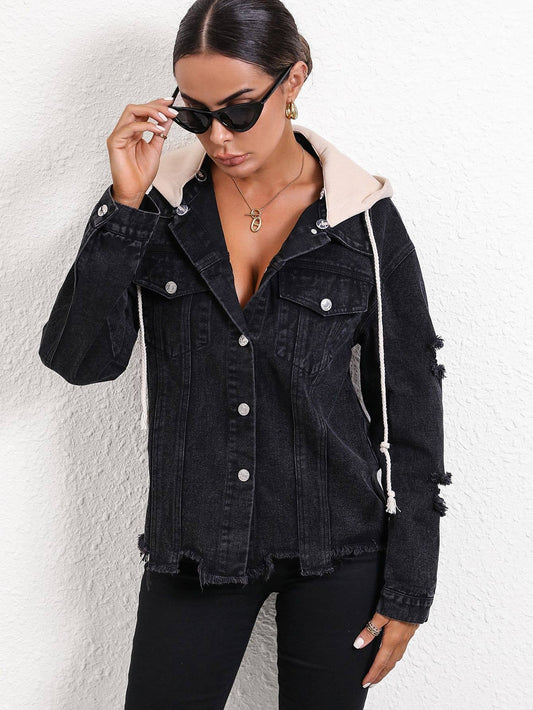 Fashionable color-blocking hooded denim jacket