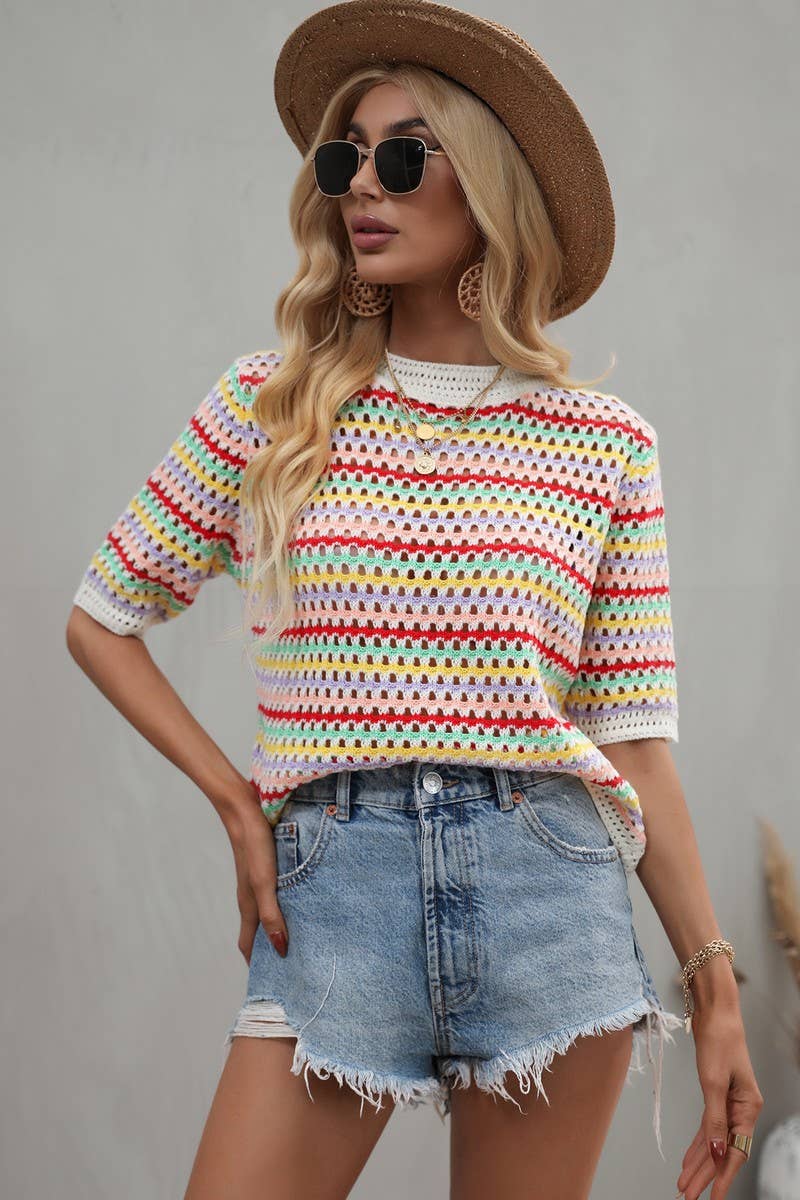 Cwtts0736_Crochet Short Sleeve Pullover Sweater