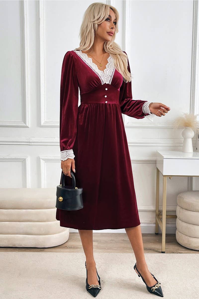 CWDMD4805_V-NECK LACE PANEL CONTRAST COLOR DRESS