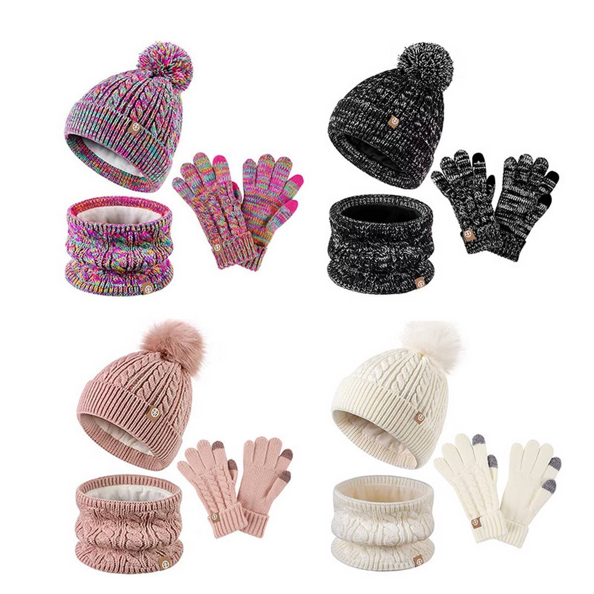 THREE-PIECE SET OF POM-POM HAT, SCARF AND GLOVES