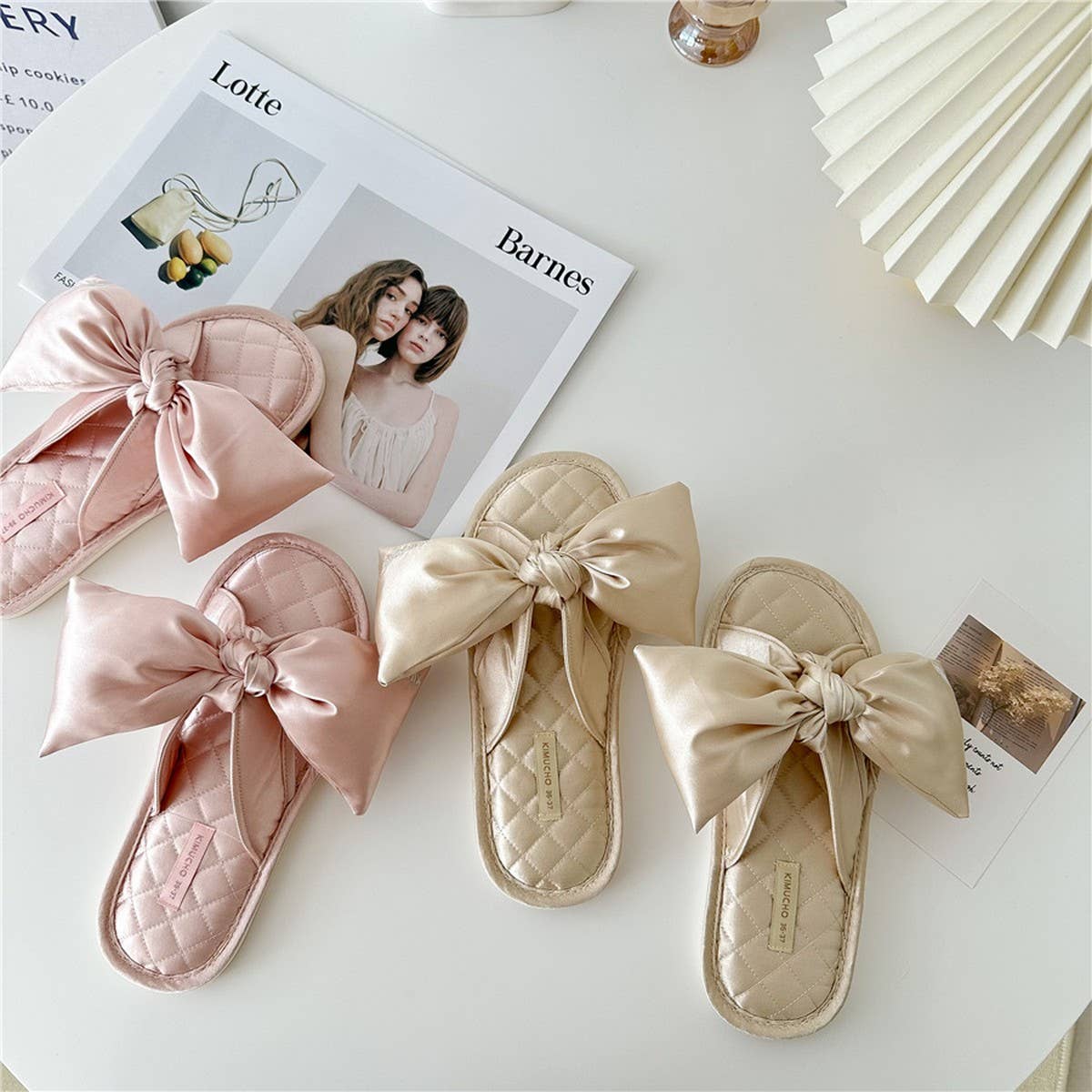 LETTER EMBROIDERED HOLLOW BOW HOME SLIPPERS