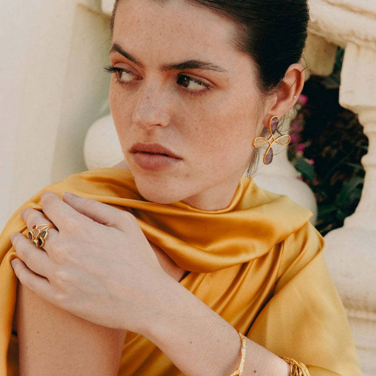 18K Gold Plated Irregular Color Stone Earrings_CWAJE4990